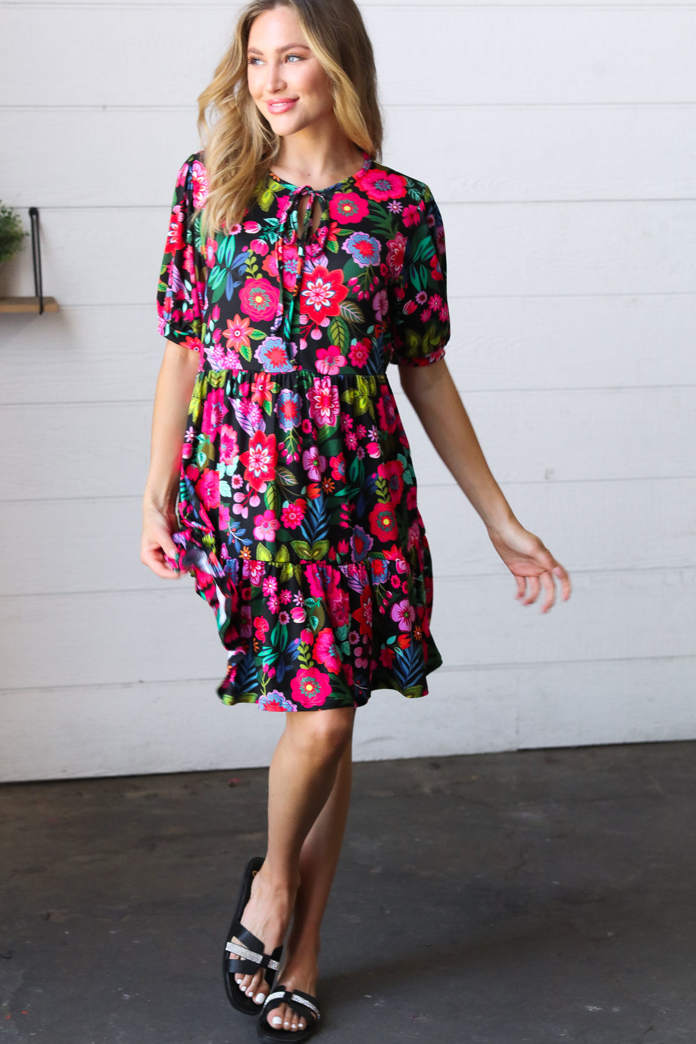Black & Fuchsia Flat Floral Tiered Front Tie Pocketed Dress - Sybaritic Bags & Clothing