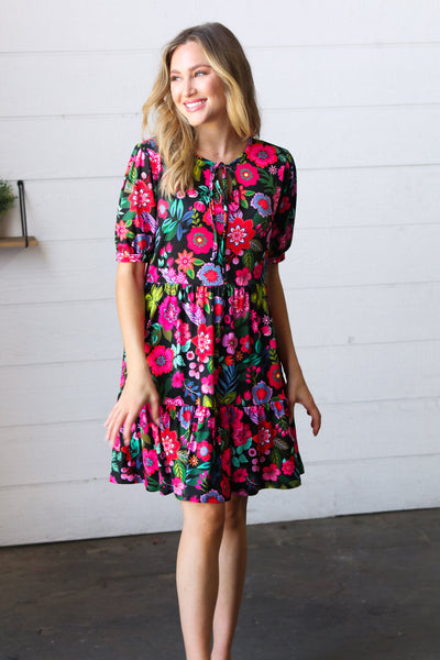 Black & Fuchsia Flat Floral Tiered Front Tie Pocketed Dress - Sybaritic Bags & Clothing