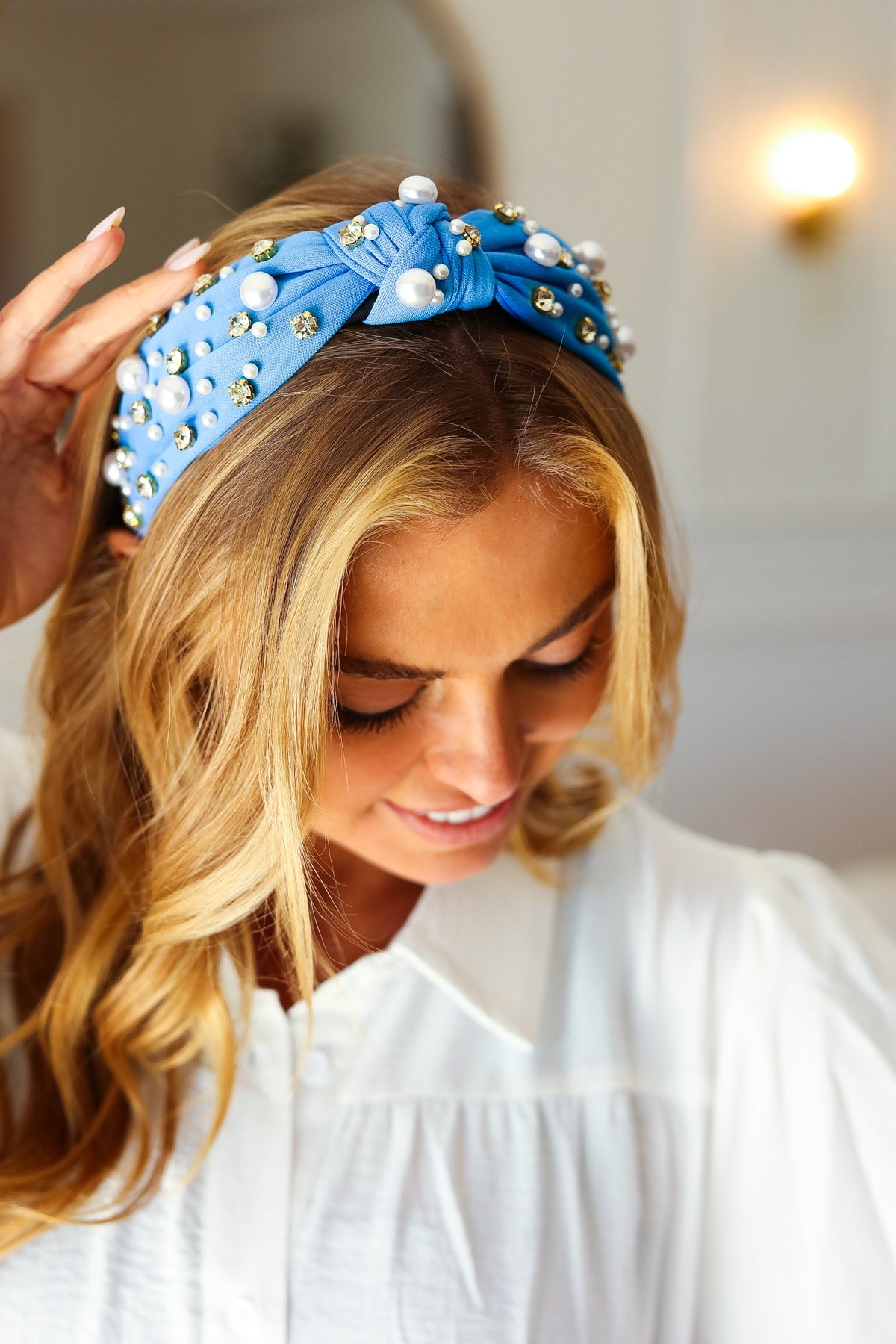 Azure Blue Pearl & Jewels Top Knot Knit Headband - Sybaritic Bags & Clothing