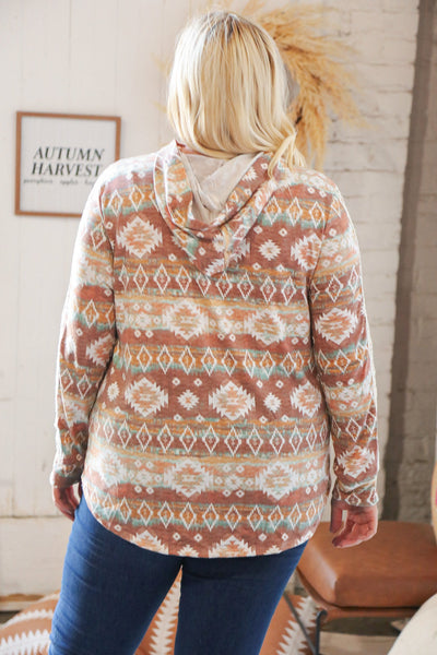 Taupe Aztec Print Lace Embellished Terry Hoodie - Sybaritic Bags & Clothing
