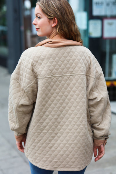 Eyes On You Taupe Quilted Knit Button Down Shacket - Sybaritic Bags & Clothing