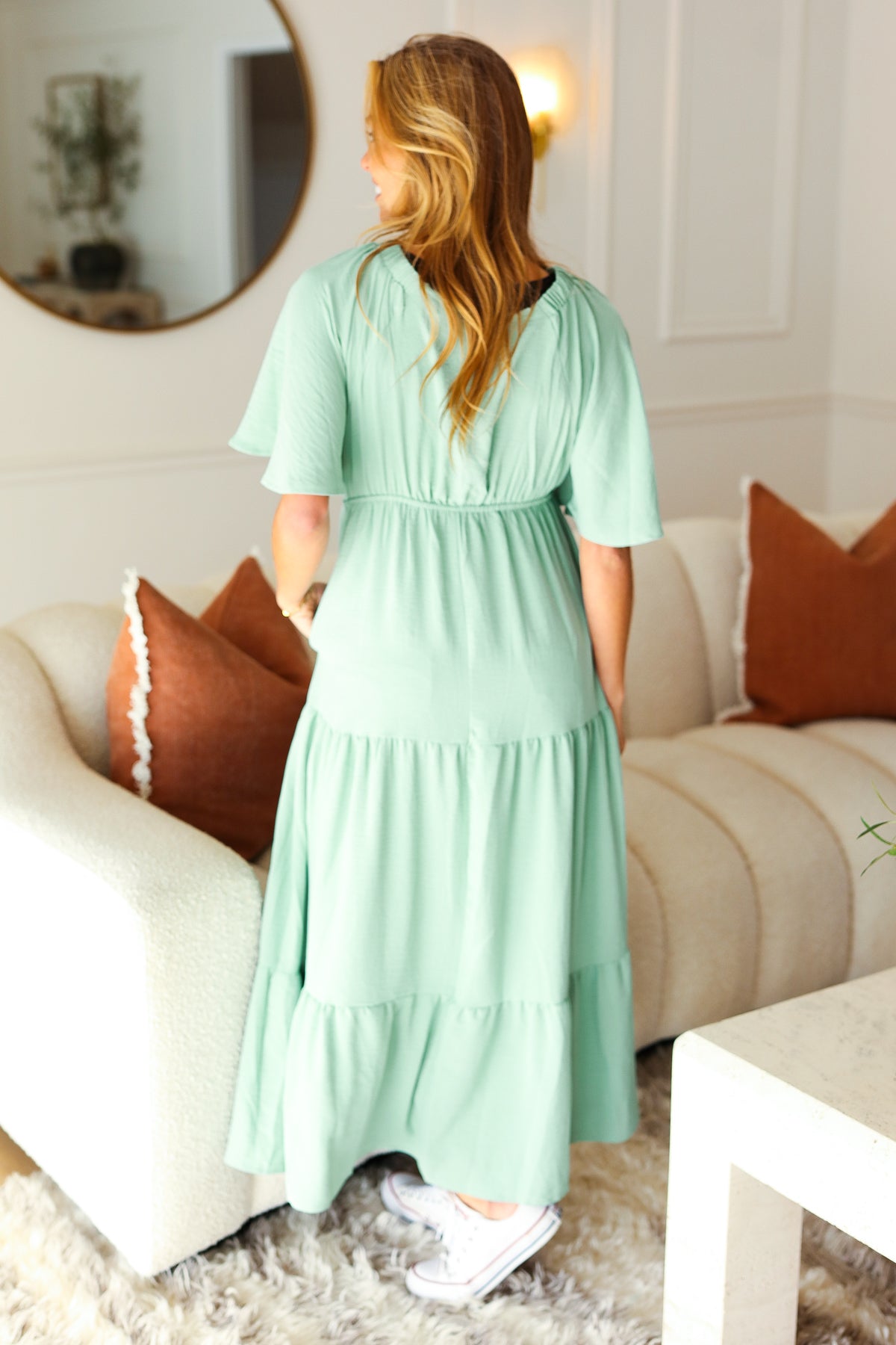 Take You Away Mint Elastic V Neck Tiered Maxi Dress - Sybaritic Bags & Clothing