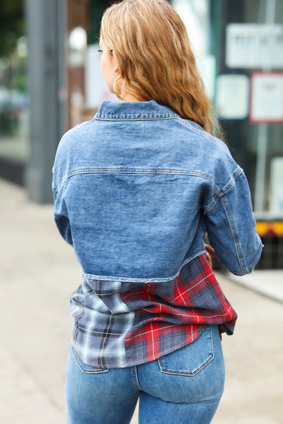 Denim & Plaid Color Block Cut Edge Jacket - Sybaritic Bags & Clothing