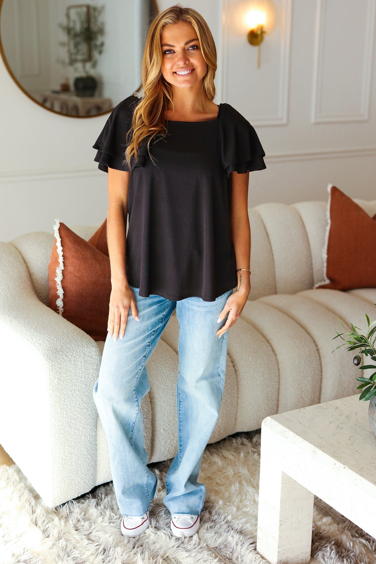 Feel The Love Black Double Ruffle Sleeve Square Neck Ribbed Top - Sybaritic Bags & Clothing