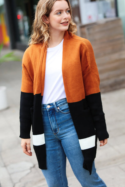 Layer Me Up Rust & Black Color Block Knit Open Cardigan - Sybaritic Bags & Clothing