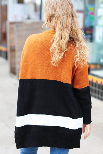 Layer Me Up Rust & Black Color Block Knit Open Cardigan - Sybaritic Bags & Clothing