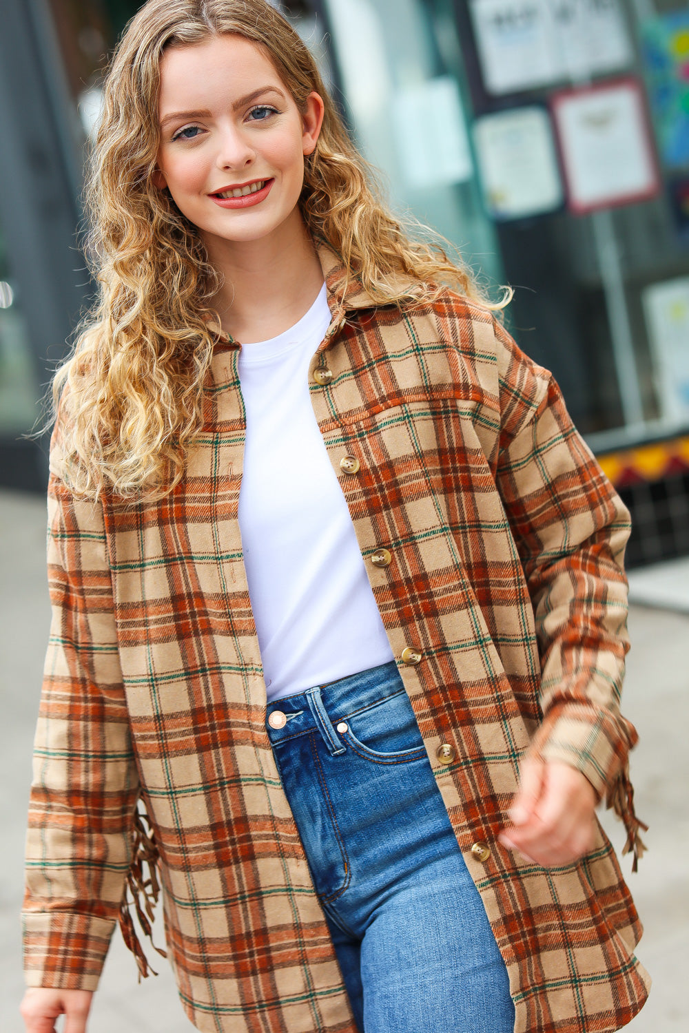 All Bets Off Taupe Flannel Plaid Fringe Jacket - Sybaritic Bags & Clothing