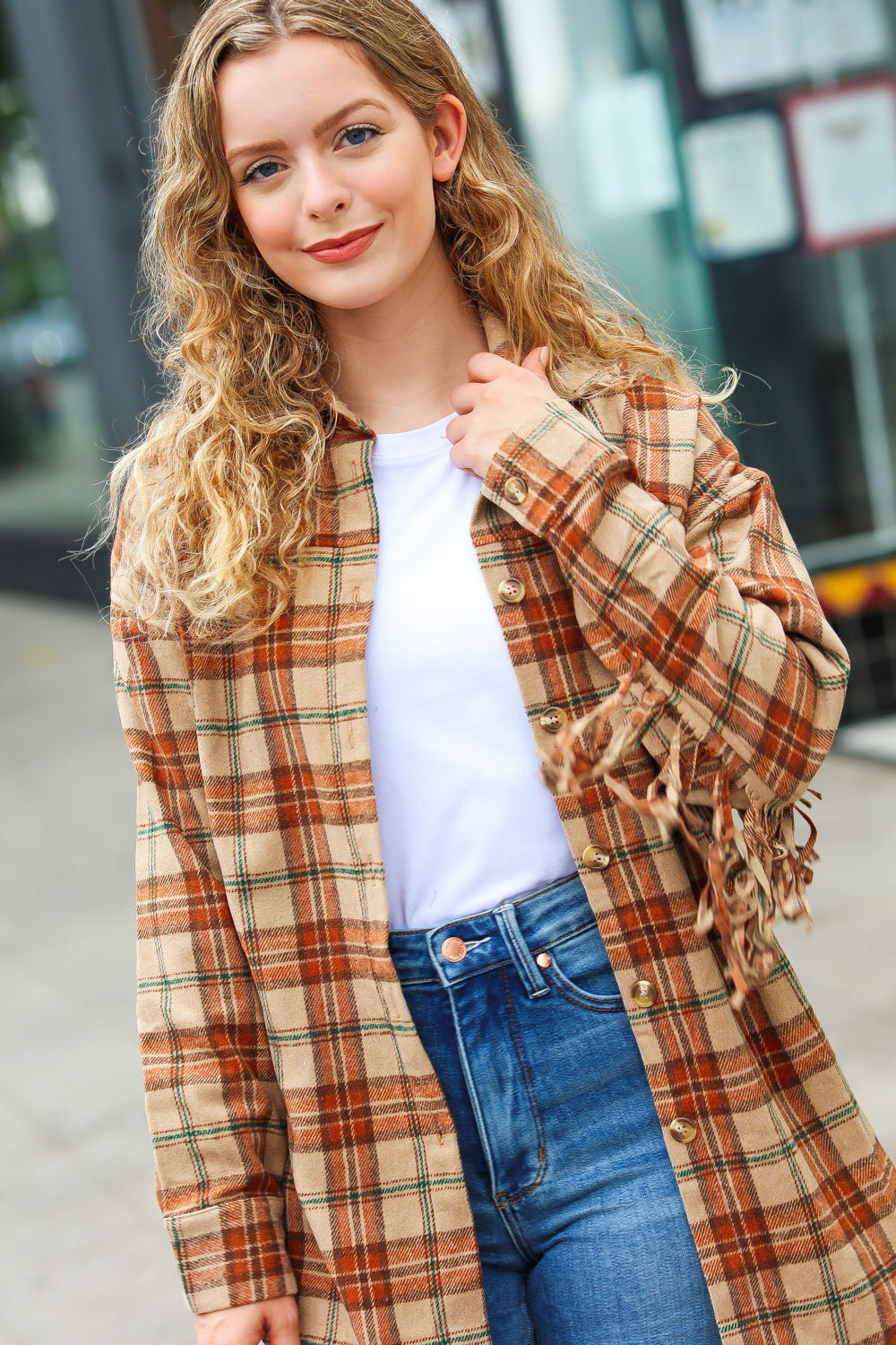 All Bets Off Taupe Flannel Plaid Fringe Jacket - Sybaritic Bags & Clothing