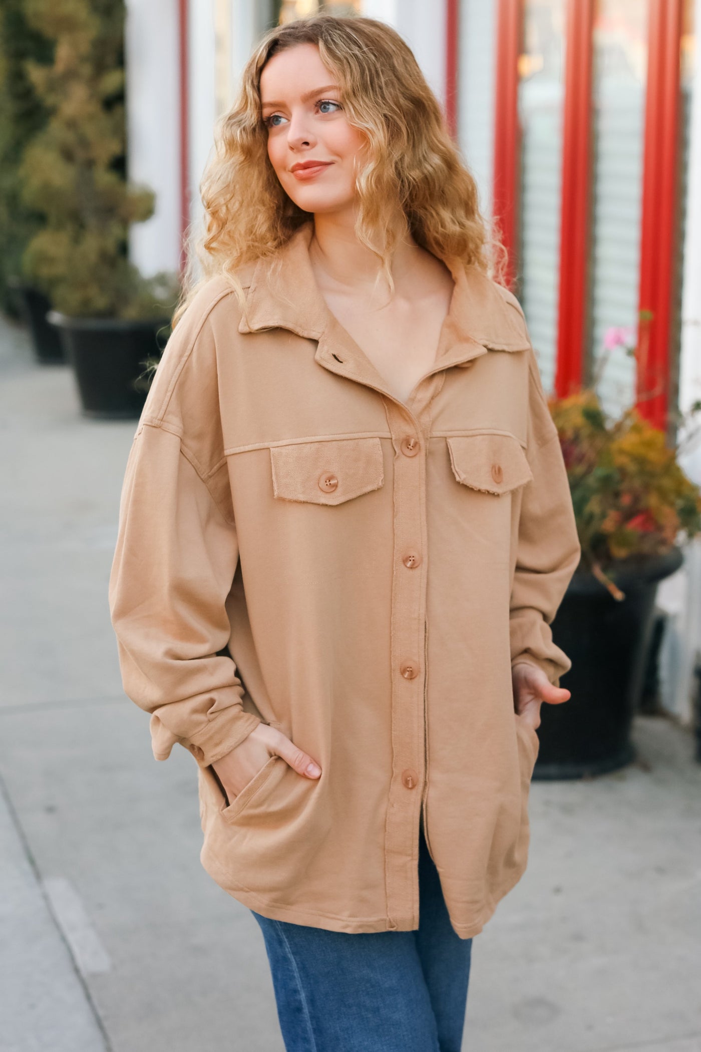 Good Times Camel Terry Oversized Shirt Shacket - Sybaritic Bags & Clothing
