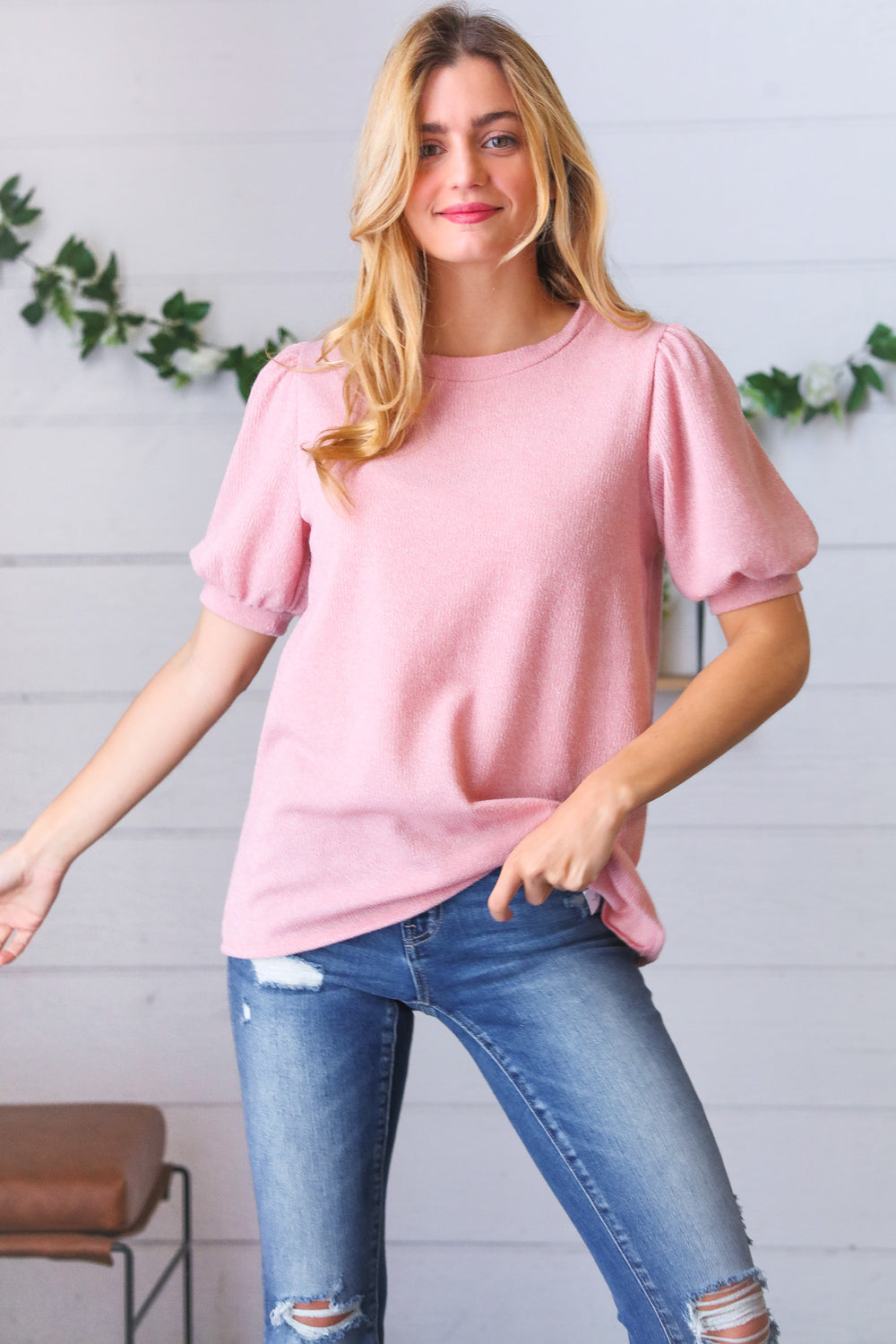 Baby Pink Puff Sleeve Two Tone Sweater Top - Sybaritic Bags & Clothing