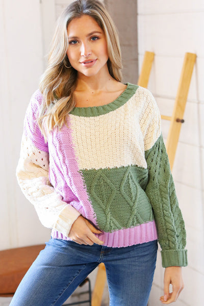 Ivory & Green Colorblock Cable Knit Sweater - Sybaritic Bags & Clothing