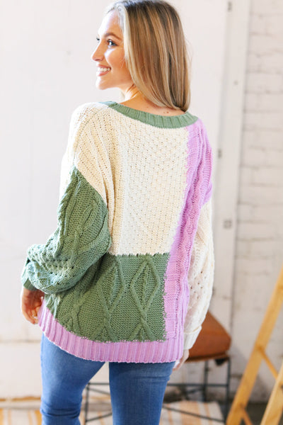 Ivory & Green Colorblock Cable Knit Sweater - Sybaritic Bags & Clothing