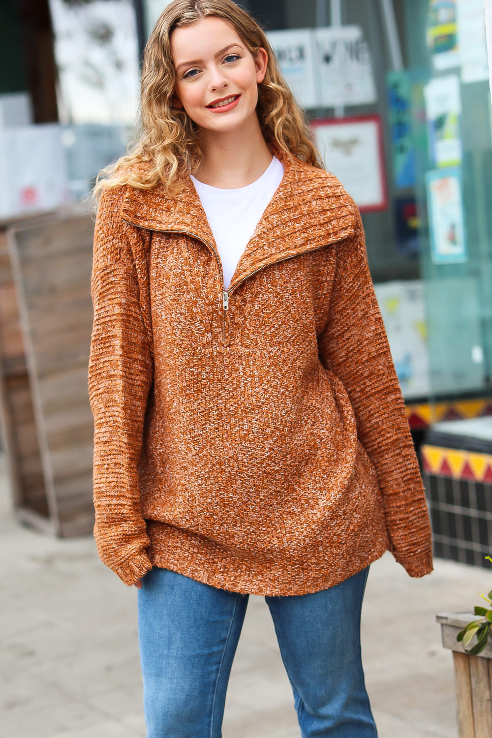 Perfectly You Rust Two Tone Half Zip Collared Knit Sweater - Sybaritic Bags & Clothing