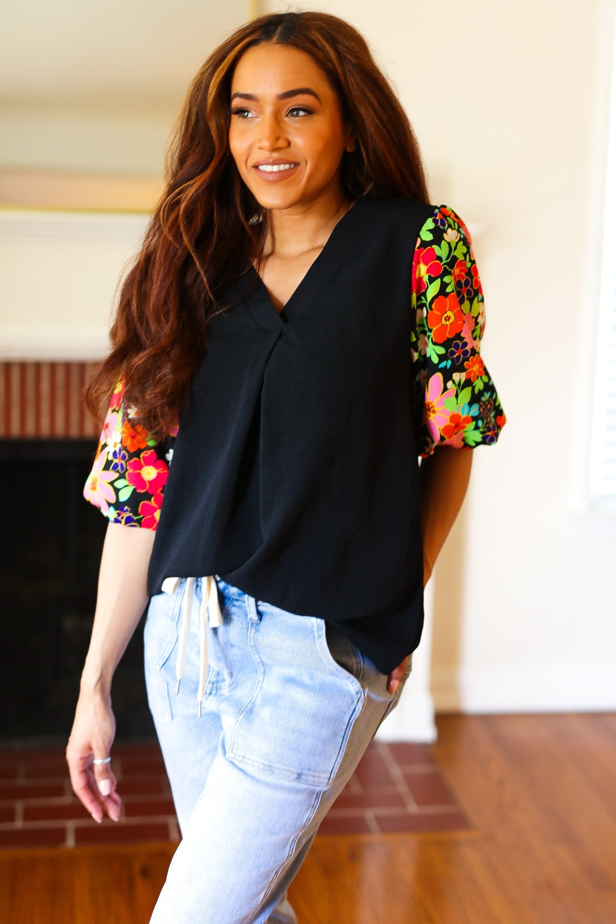 Eyes On You Black Floral Puff Sleeve V Neck Top - Sybaritic Bags & Clothing
