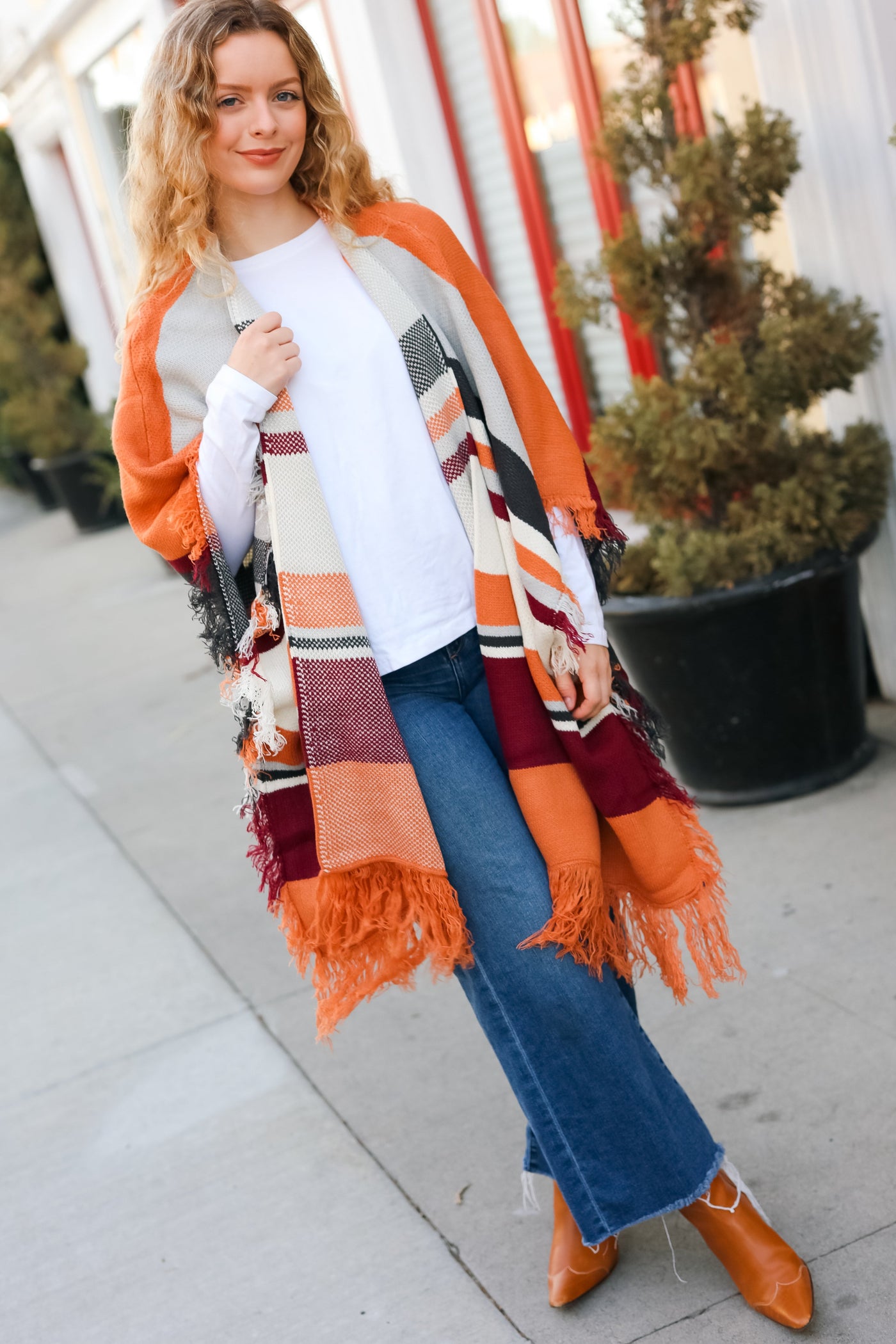 Feeling Special Grey & Rust Striped Tassel Fringe Open Poncho - Sybaritic Bags & Clothing