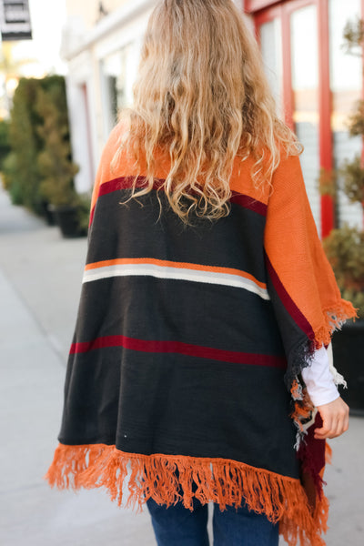 Feeling Special Grey & Rust Striped Tassel Fringe Open Poncho - Sybaritic Bags & Clothing