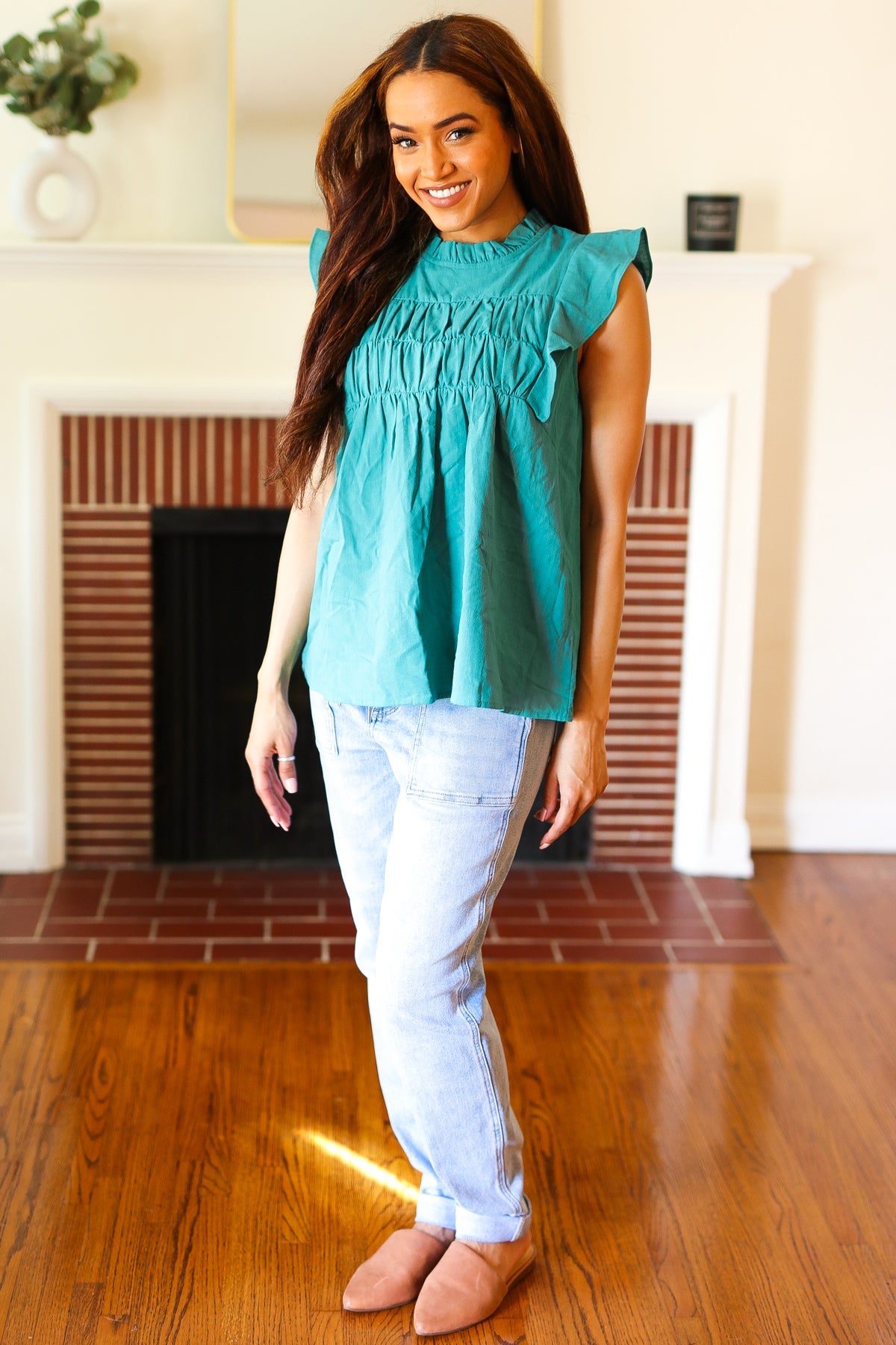 Love Life Cotton Turquoise Frill Mock Neck Flutter Sleeve Top - Sybaritic Bags & Clothing