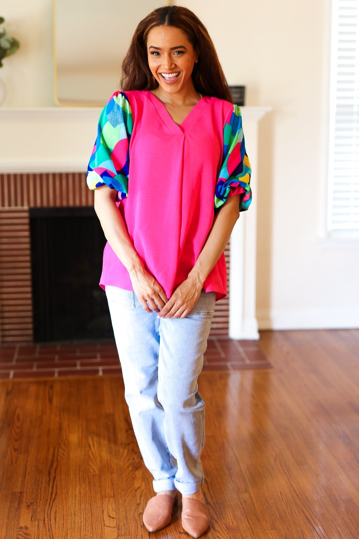 Tell Your Story Fuchsia Geo Print Puff Sleeve V Neck Top - Sybaritic Bags & Clothing