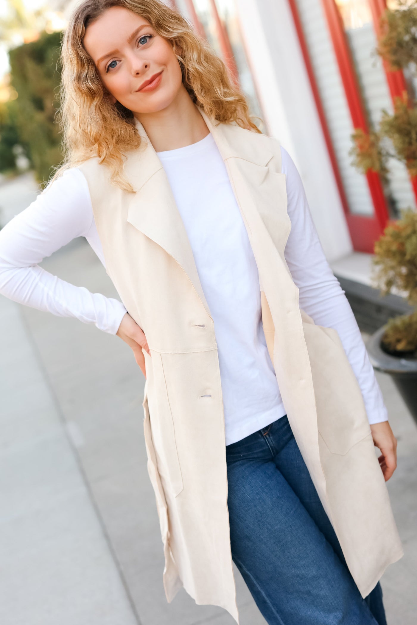 Back In Town Cream Faux Suede Trench Coat Vest - Sybaritic Bags & Clothing