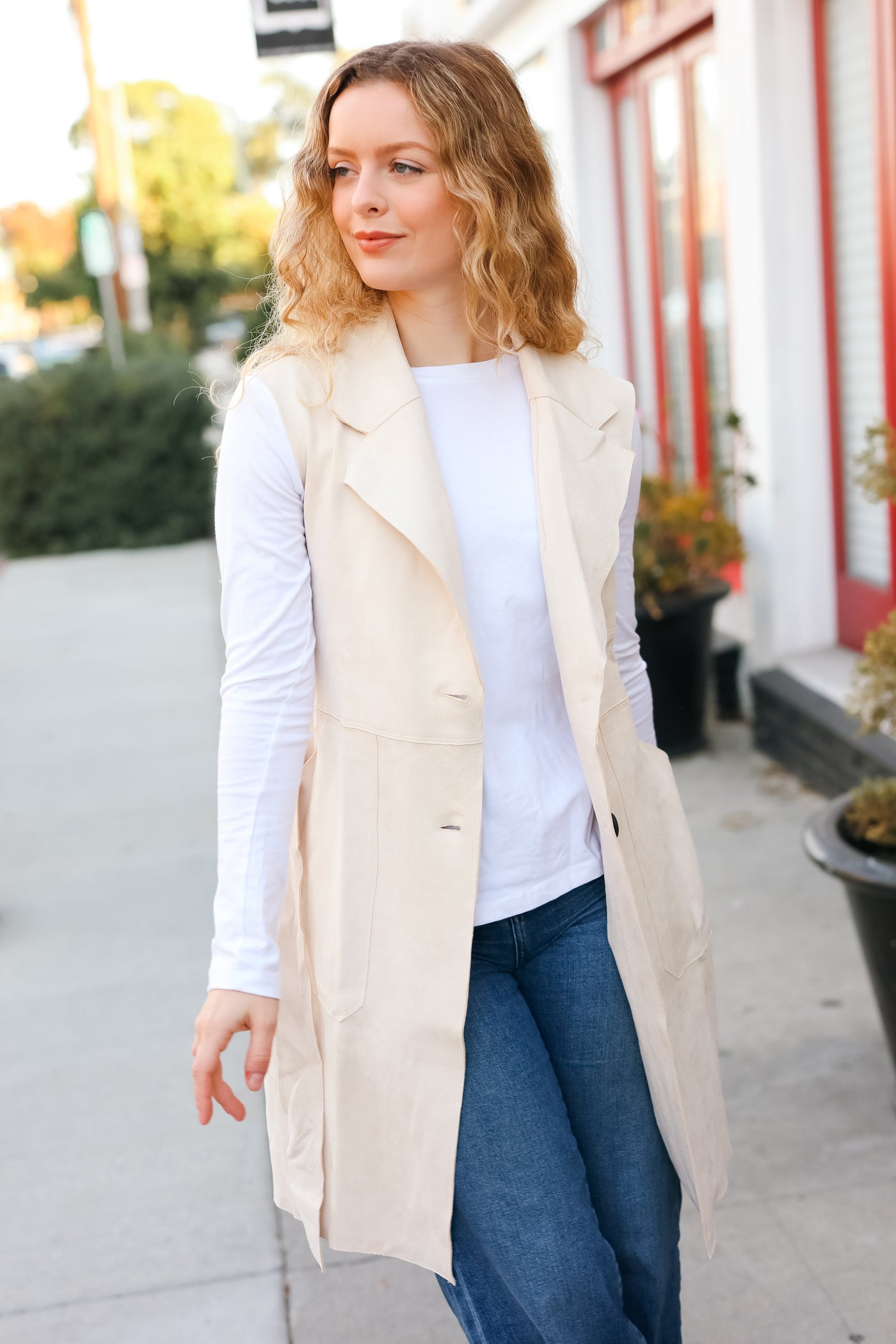 Back In Town Cream Faux Suede Trench Coat Vest - Sybaritic Bags & Clothing