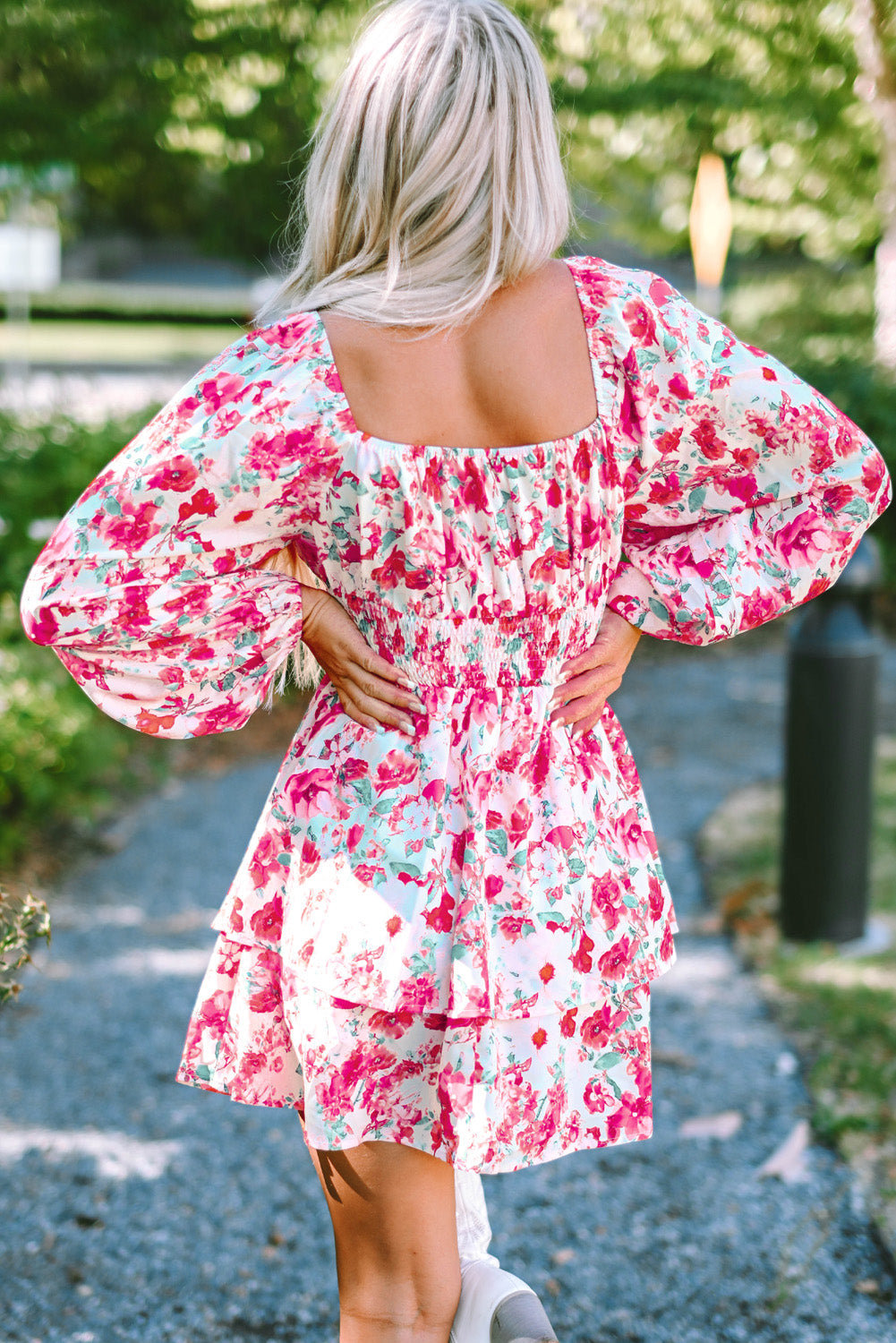 Pink Ruffle Tiered High Waist Puff Sleeve Floral Dress