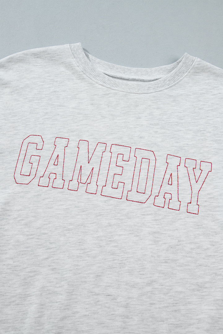 Light Grey Game Day Letter Embroidery Long Sleeve Round Neck Sweatshirt