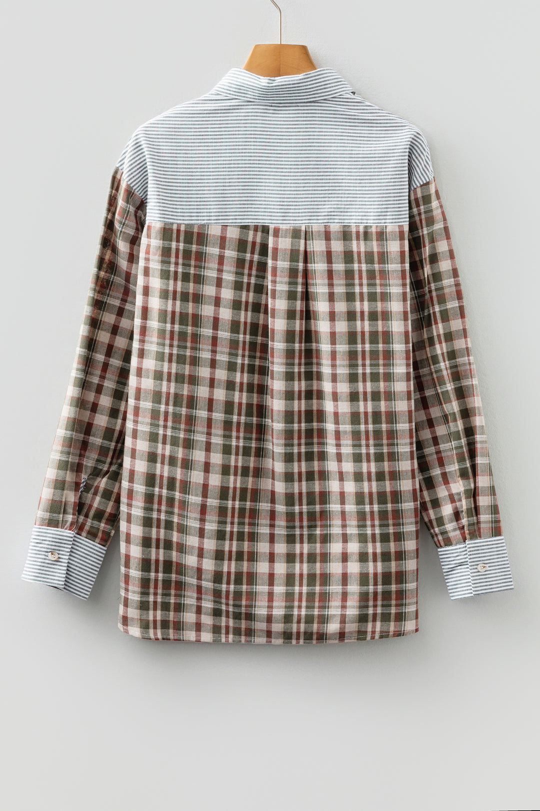 Brown Plaid Print Striped Patchwork Single Chest Pocket Buttoned Shirt