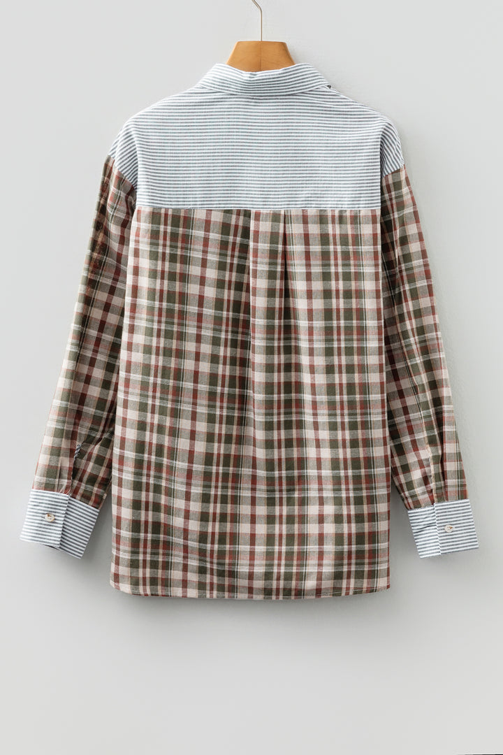 Brown Plaid Print Striped Patchwork Single Chest Pocket Buttoned Shirt