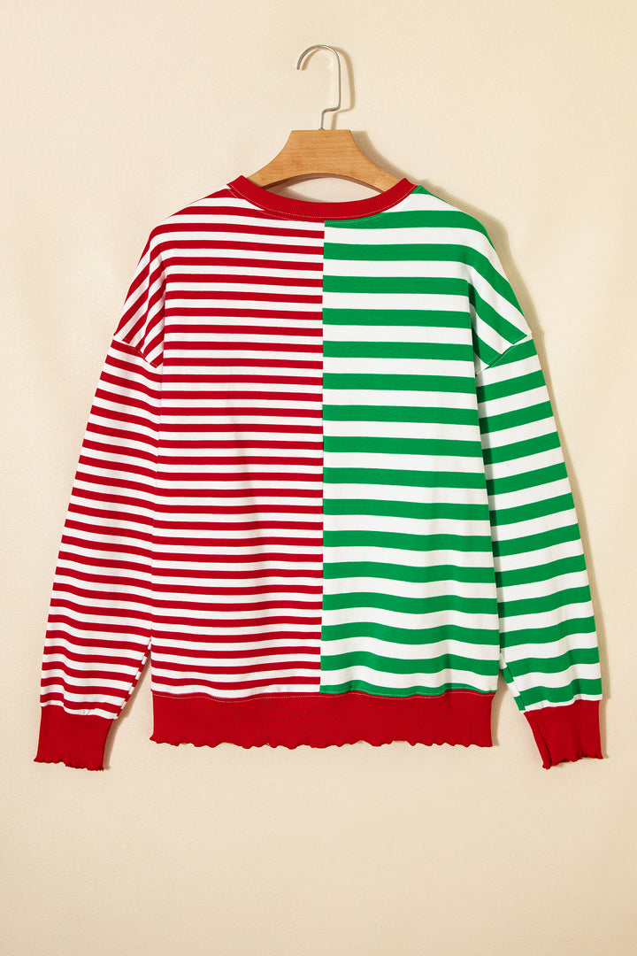 Green Stripe Contrasted Color Block Patchwork Baggy Sweatshirt