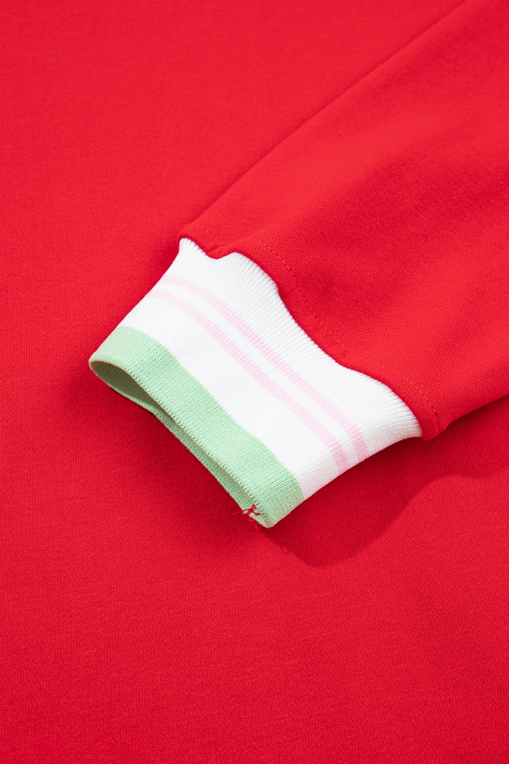 Racing Red Contrast Striped Trim Baggy Pullover Sweatshirt