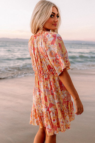 Orange Wide Flutter Sleeve Floral Dress