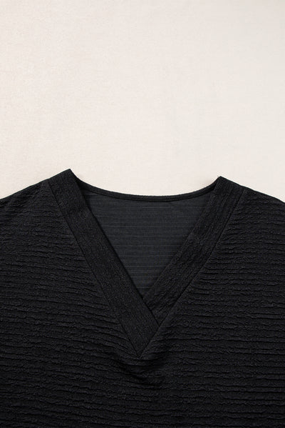 Black Textured Wide Sleeve V Neck T Shirt