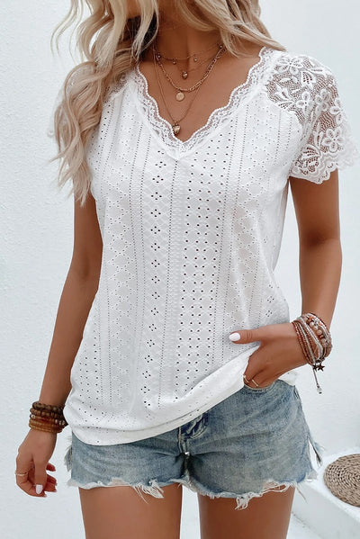 White Sheer Lace Short Sleeves Eyelet Embroidered Tee