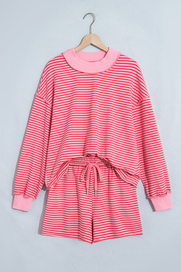 Blue Stripe Ribbed Patchwork Mock Neck Baggy Pullover Matching Shorts Set