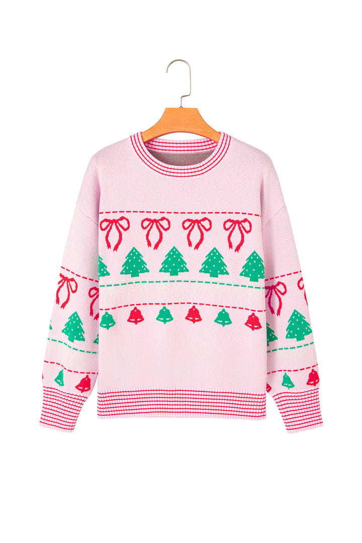 Pink Festive Holiday Print Round Neck Loose Tunic Sweater
