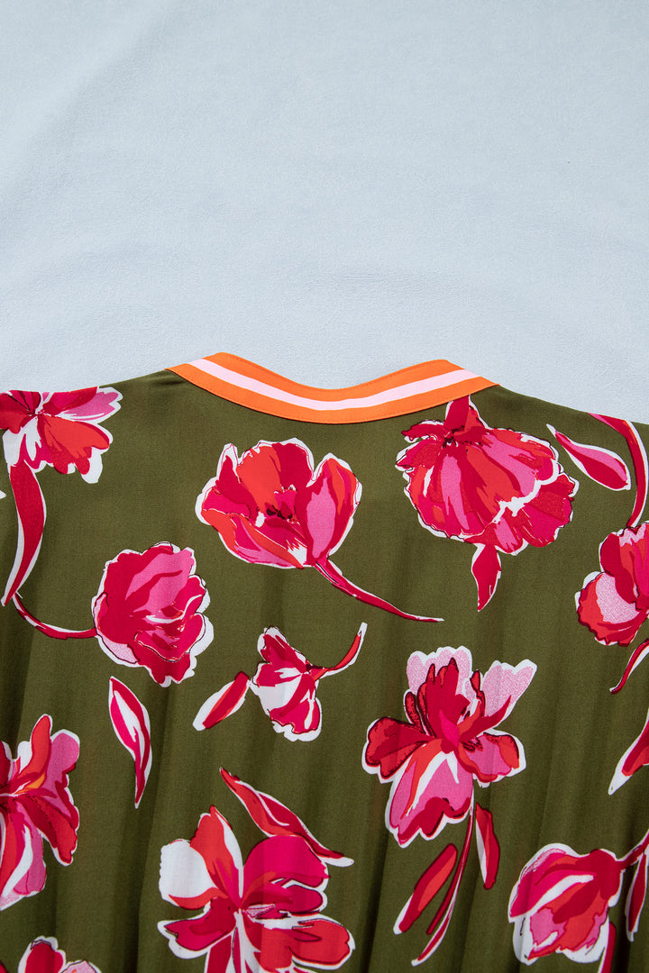 Green Floral Print Striped Trim Split Neck Short Puff Sleeve Ruffle Hem Maxi Dress