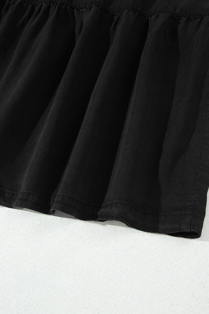 Black Elastic Waist Ruffled Tiered Flared Denim Maxi Skirt