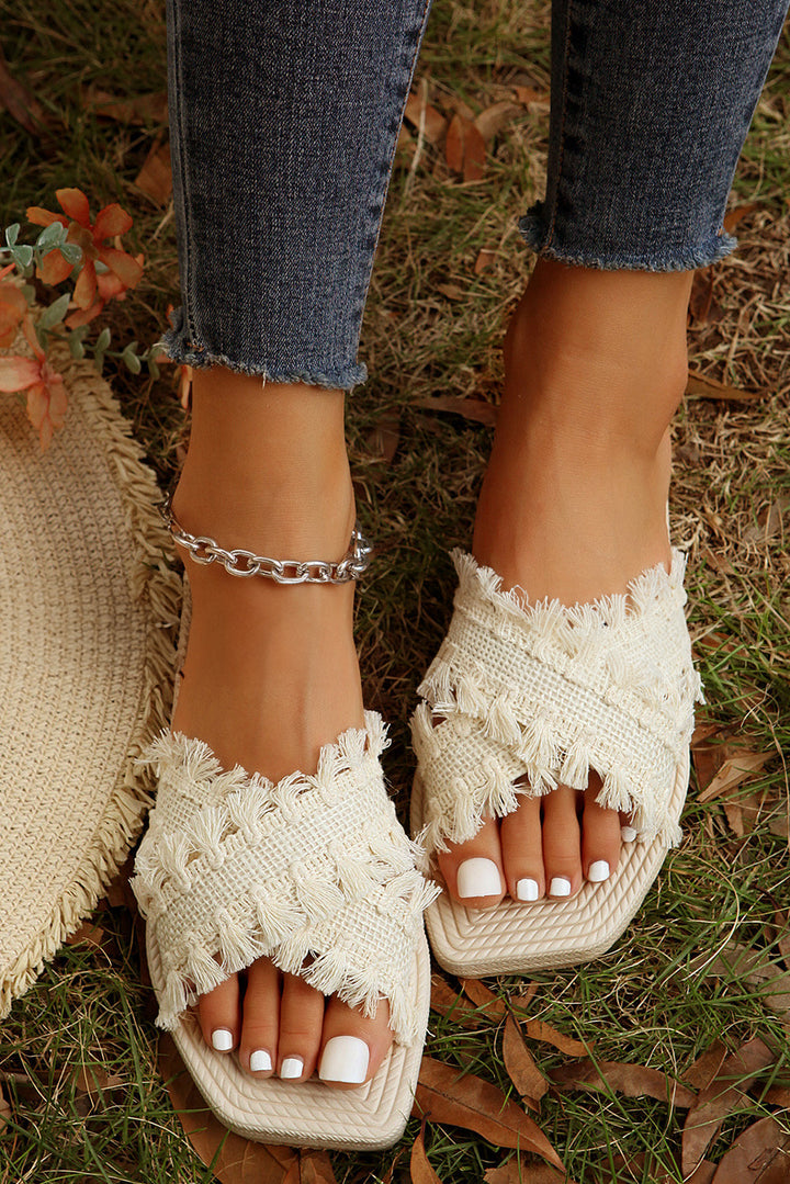 Vada Tassel Woven Crossed Straps Flat Slippers