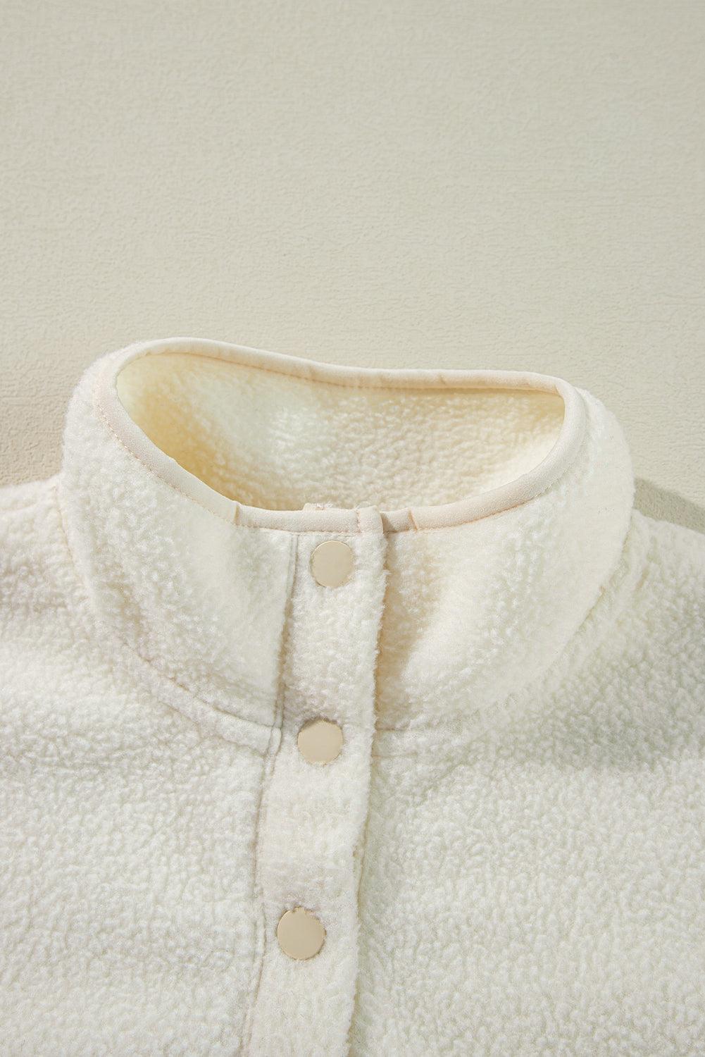 White Fleece Placket Turn-down Collar Drop Shoulder Sweatshirt