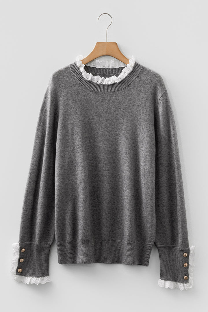 Sleet Lace Trim Patchwork Buttoned Cuffs Loose Sweater