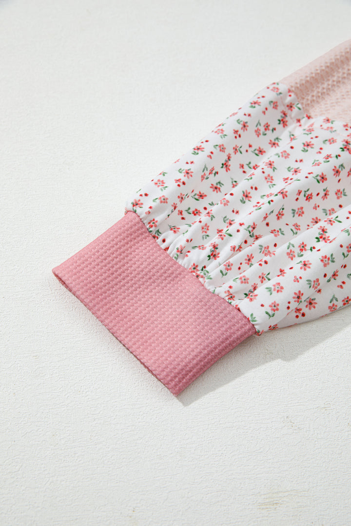 Pink Floral Patched Waffle Textured Colorblock V Neck Casual Hooded Top