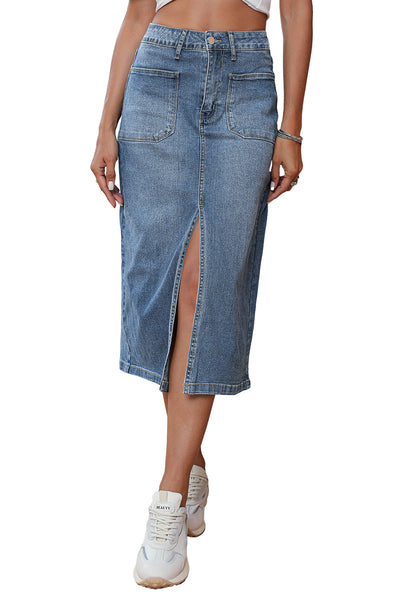 Sky Blue 4 Patch Pockets Front Slit Midi Denim Skirt