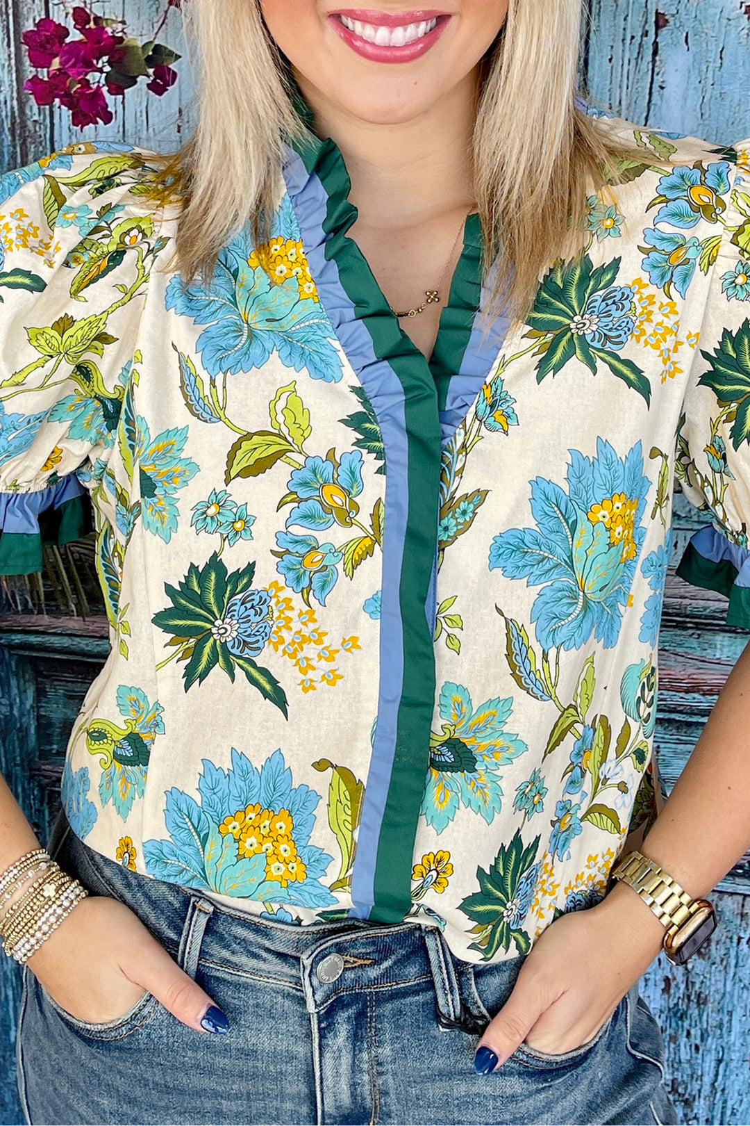 Sky Blue Plus Size Frilled V Neck Short Sleeve Floral Blouse