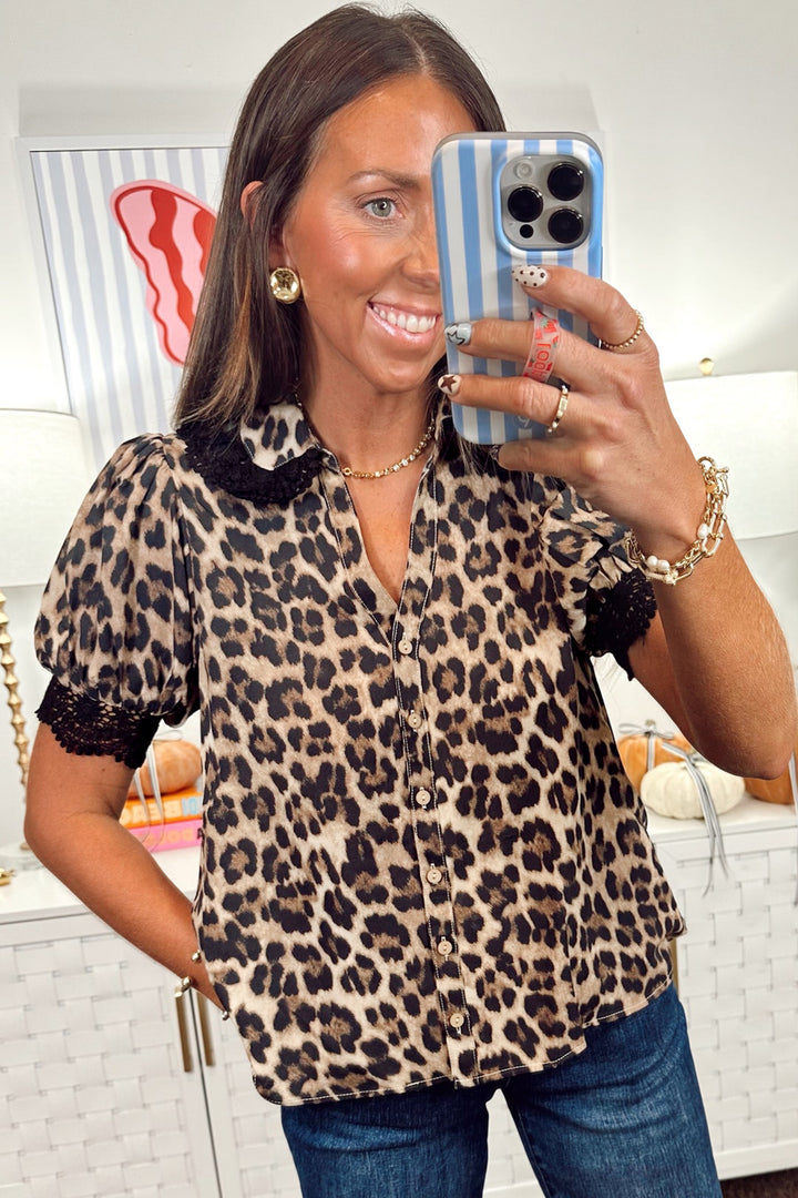 Brown Leopard Print Button Down Lace Trim Short Sleeve Shirt