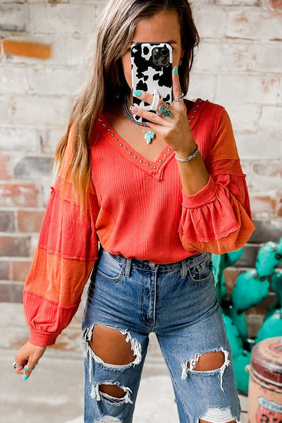 Fiery Red Studded V Neckline Exposed Seam Textured Knit Top