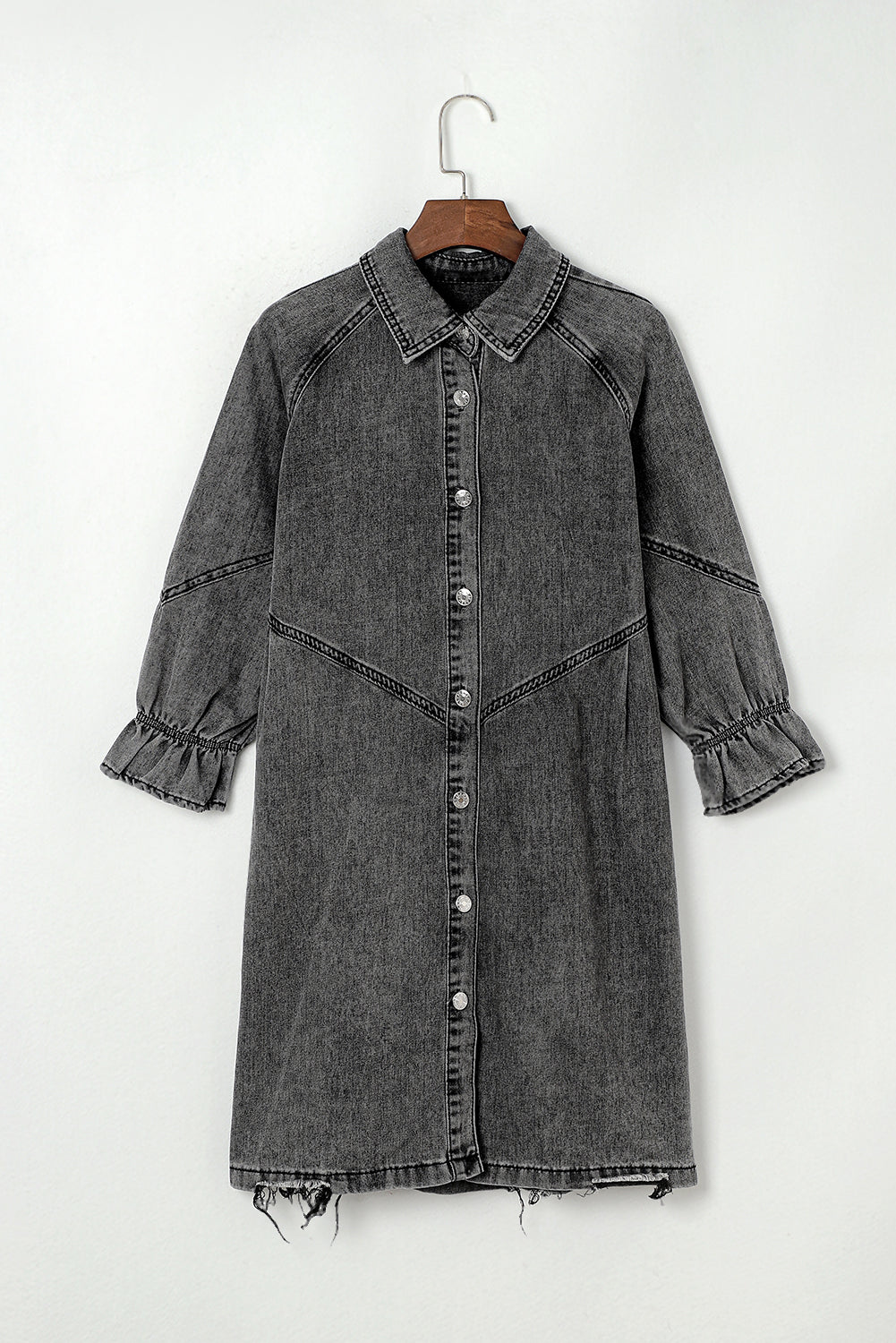 Gray Buttoned Long Sleeve Denim Mini Dress