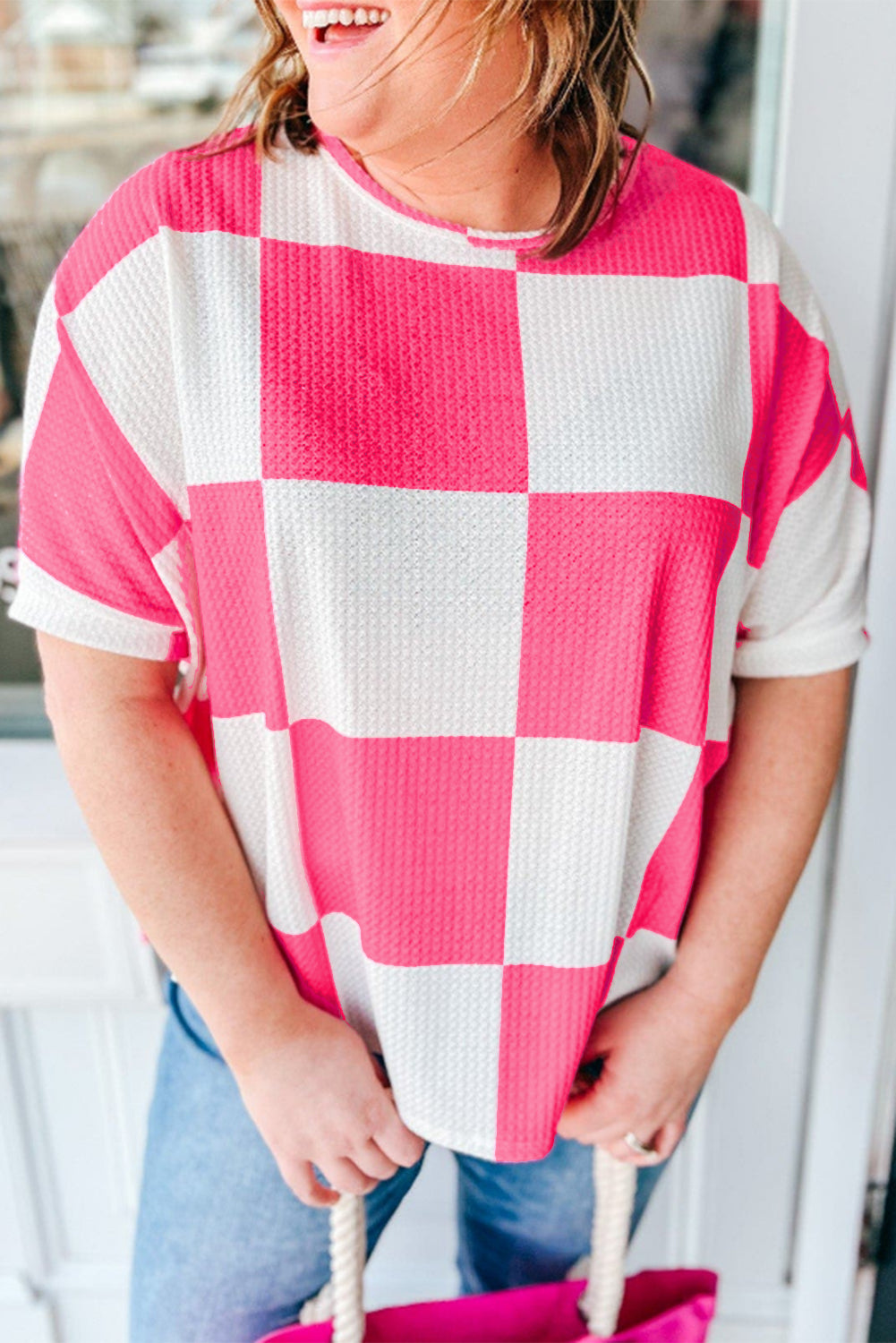 White Textured Checkerboard Round Neck Plus Size T Shirt