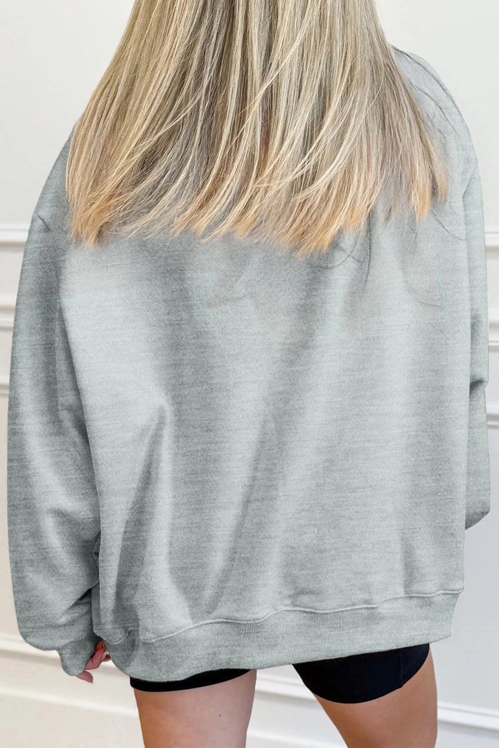 Gray Halloween Rhinestone Skull Graphic Mock Neck Baggy Pullover Sweatshirt