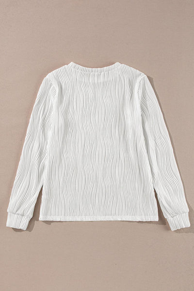 White Textured Wavy Round Neck Long Sleeve Top