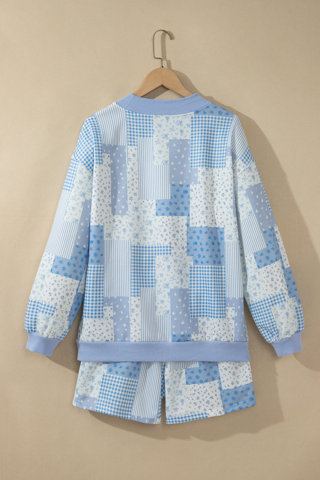 Sky Blue Patchwork Floral Print Drop Shoulder Baggy Pullover Drawstring Shorts Set